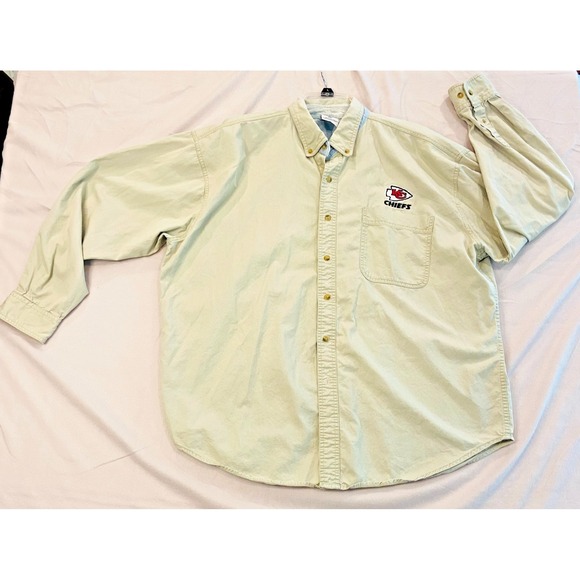 Vintage Kansas City Chiefs Long Sleeve Button Down Tan Size XL Cotton Arrowhead - Picture 1 of 7